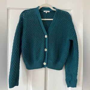 Madewell Open Stitch Teal Crop Button-Up Sweater